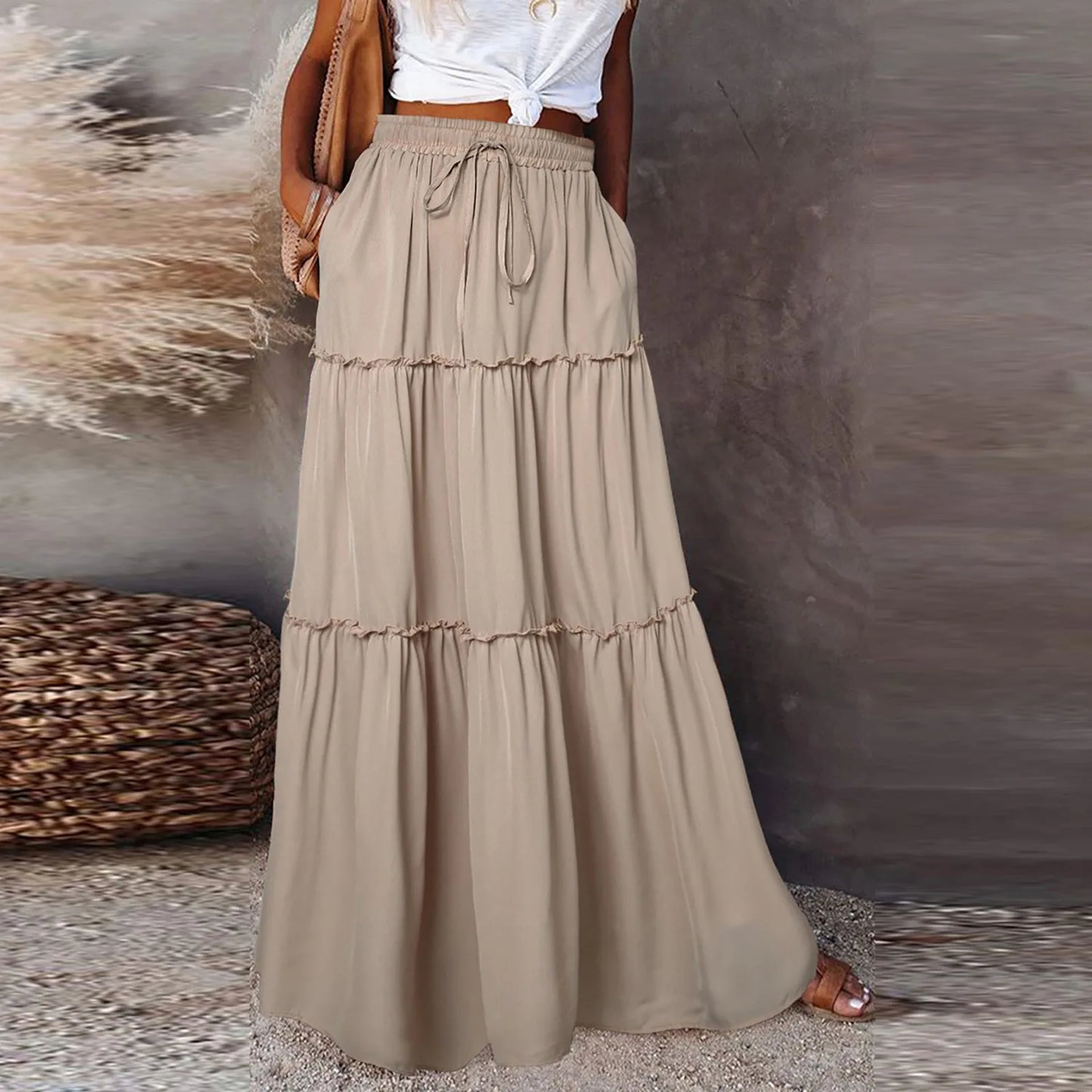 Women long skirt Fashion Solid Color Long Skirts Elastic Waist faldas Loose Casual High Waist saia Versatile Half-Body Dress