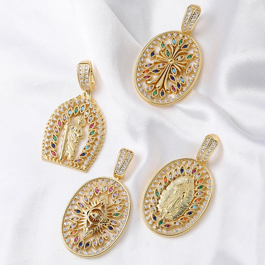 Juya 18K Real Gold Plated Religious Pendant Jewelry Making Supplies Creative Saint Mary Virgin Christian Cross Charms Supplies