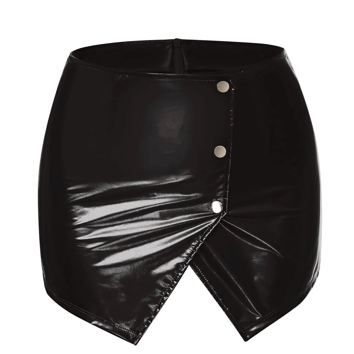 Womens Metallic Sexy Front Split Latex Mini Skirt Shiny Short Skirt Bar Clubwear Holographic Buttons Back Zipper Club Skirts