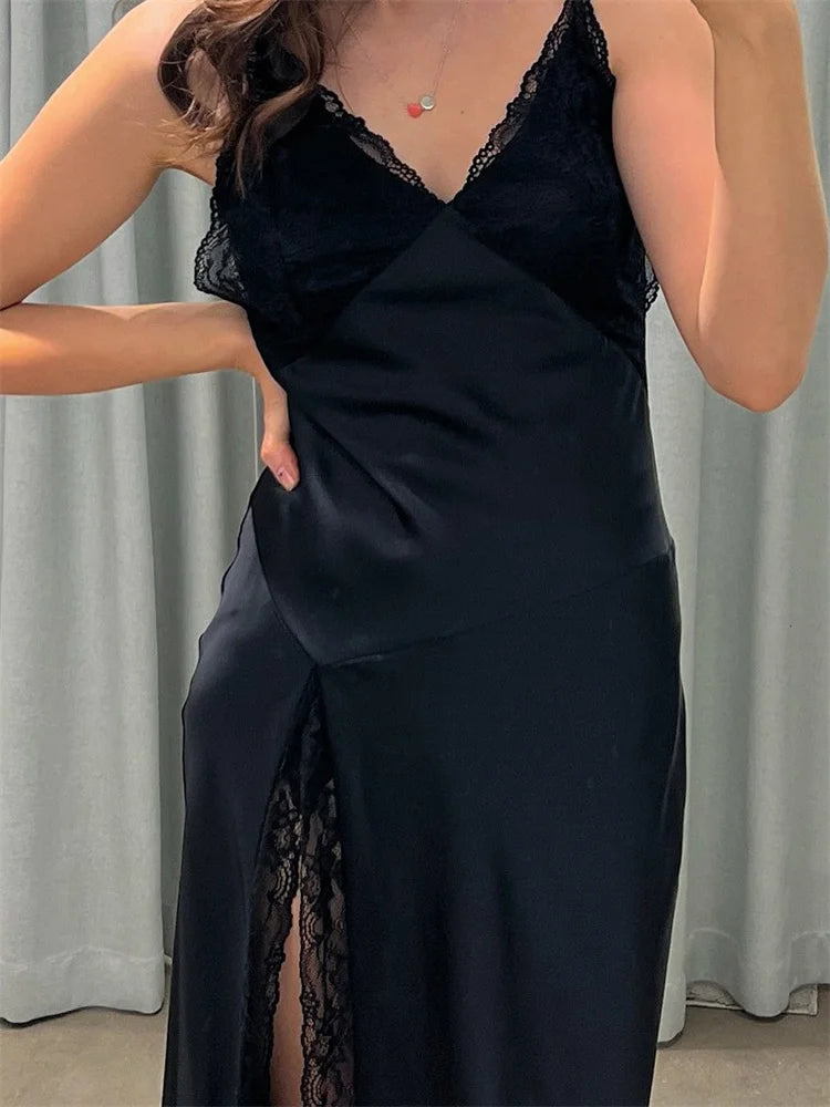 Tossy Black Lace Printed Long Dress For Women V-Neck Backless Slim Patchwork Spaghetti Party Dress Female Summer Bodycon Dress