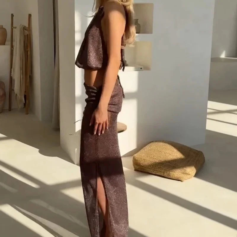 Sexy Knit Skirt Sets Women Off Shoulder Halter Pleated Crop Tops Skinny Long Skirts 2025 New Beach Two-piece Swimsuit Cover Up