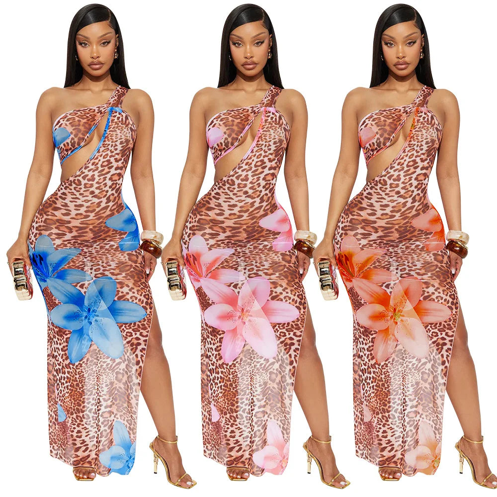 CM.YAYA Women Floral Leopsrd Printed Sleeveless High Side Split Long Maxi Dress 2025 Skew Collar Sexy Birthday Party Dresses