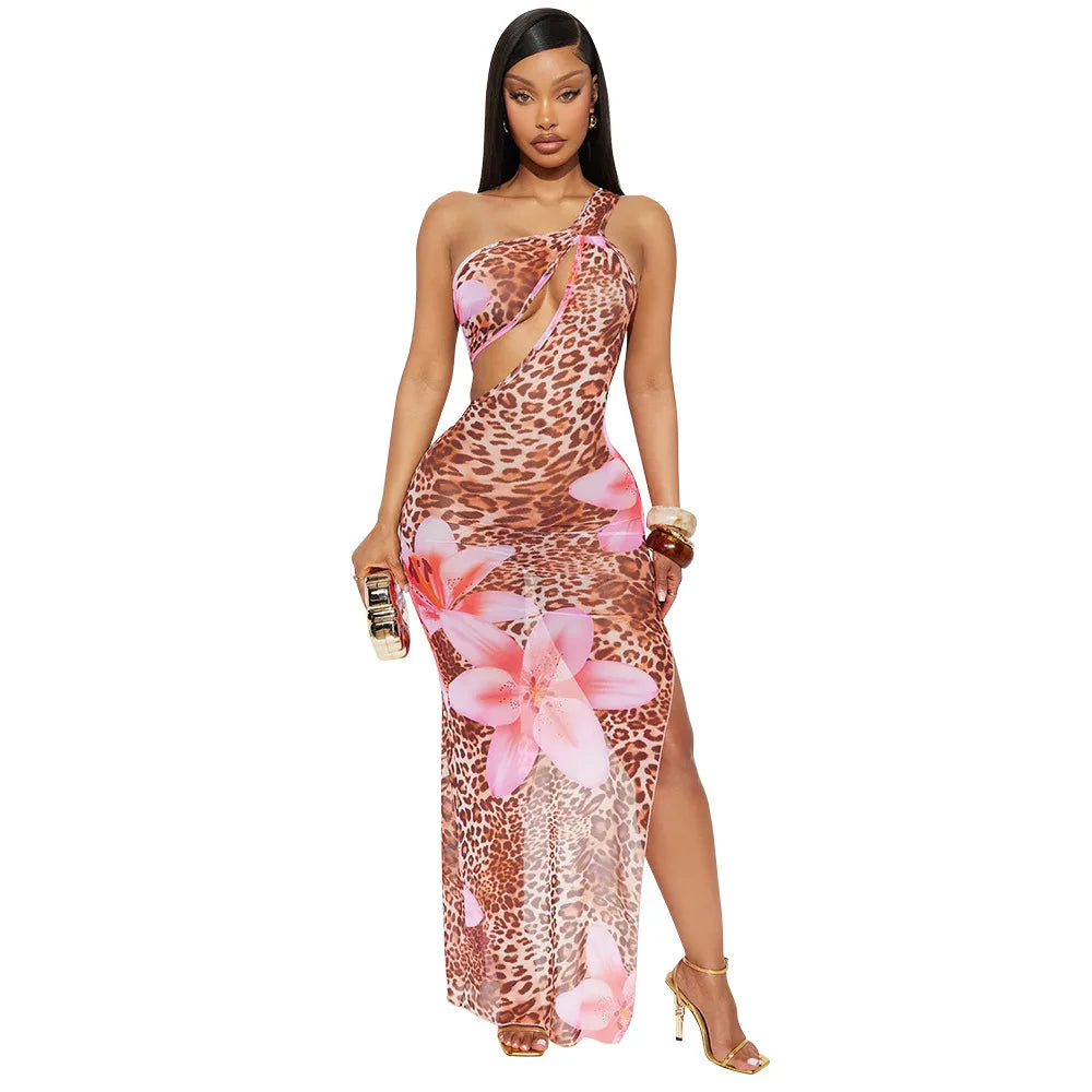 CM.YAYA Women Floral Leopsrd Printed Sleeveless High Side Split Long Maxi Dress 2025 Skew Collar Sexy Birthday Party Dresses