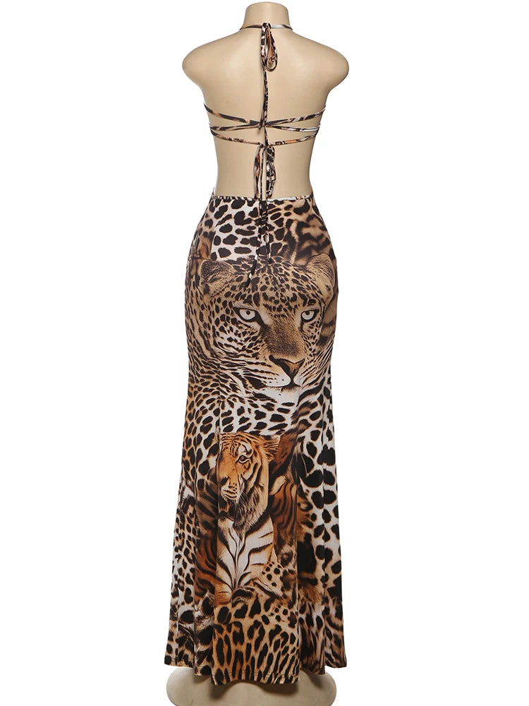 Sisterlinda Sexy Backless Dress Women Hollow Tiger Print Sleeveless Stretch Turtleneck Midnight Prom Party Clubwear Long Bodycon