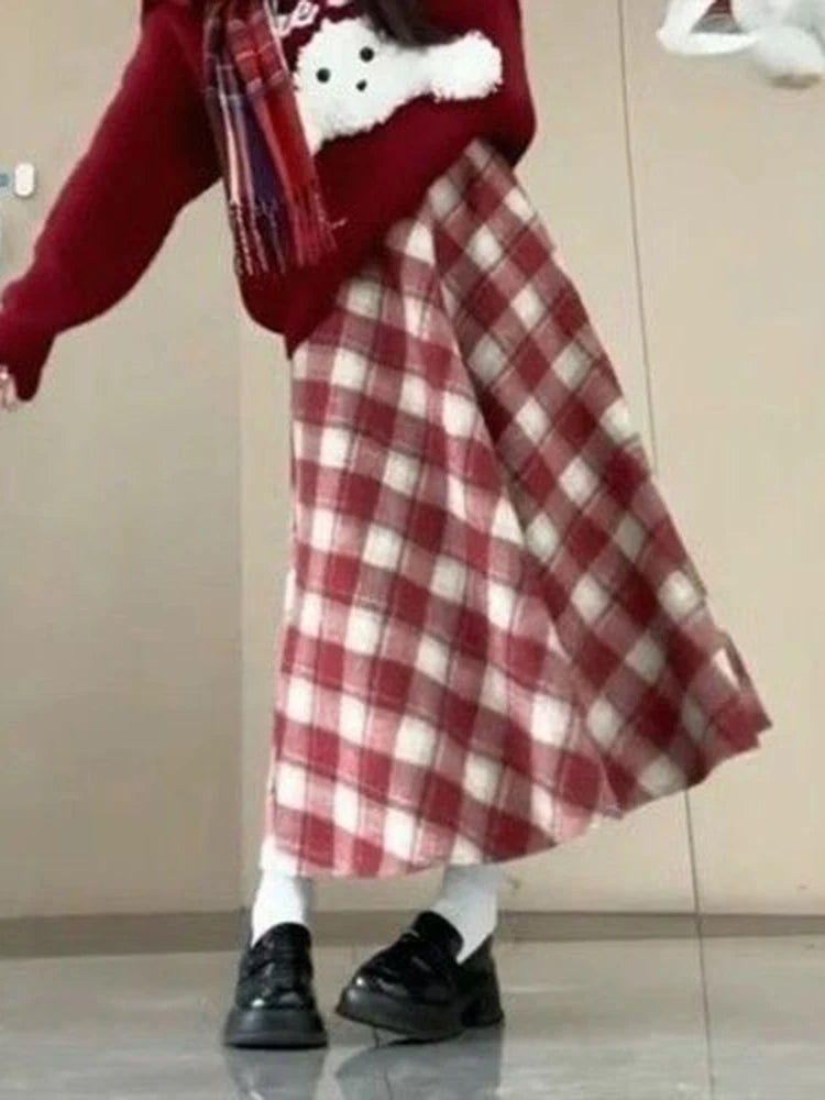 Red Plaid Midi Skirt Women Fall Winter Vintage High Waist Sweet Woolen Cloth Skirts Retro Loose Preppy Aesthetic Female Skirt