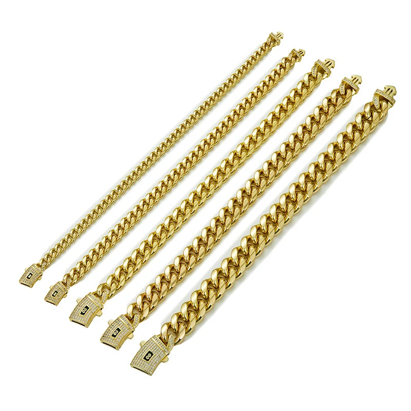 6-14mm Bling Gold Color Stainless Steel Cuban Miami Chains Necklaces CZ Zircon Box Lock Link Chain for Men Hip Hop Rock jewelry