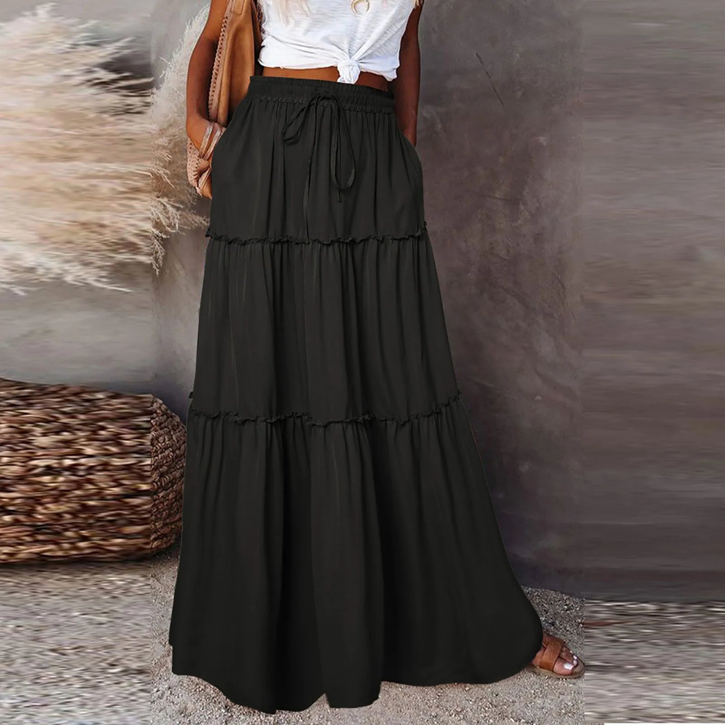 Women long skirt Fashion Solid Color Long Skirts Elastic Waist faldas Loose Casual High Waist saia Versatile Half-Body Dress