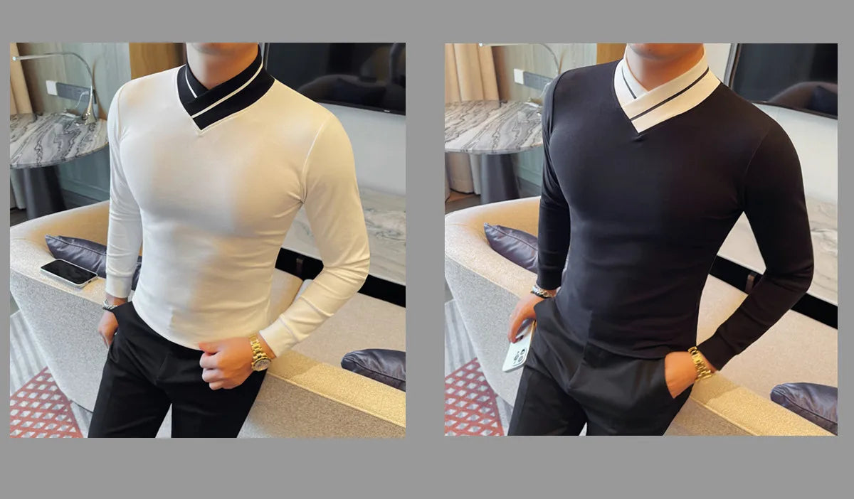 Autumn Winter Men's Mock Neck Long Sleeved T-shirt Slim Fit Elastic Solid Color Base Shirt Versatile Casual Business T-shirts