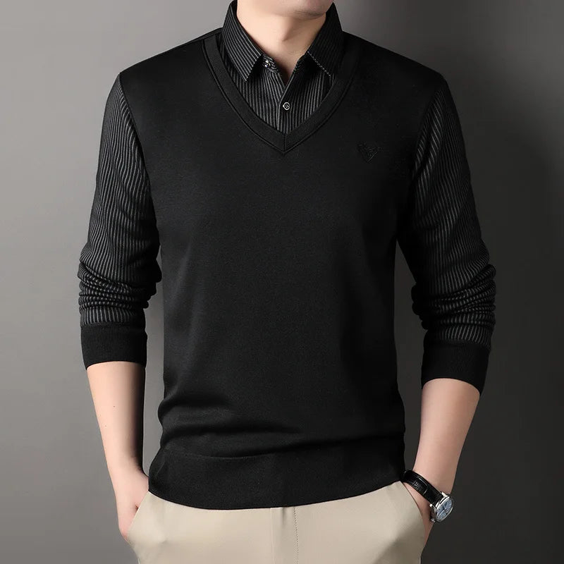 Autumn and Winter New Collection with Fleece Fake Two Piece Long Sleeved Polo Shirt for Men Fashionable and Casual Versatile Top