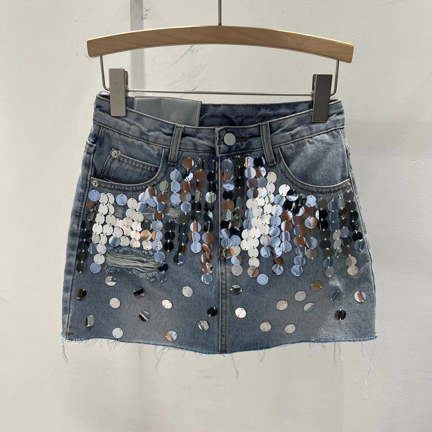 Black Skirt Korean Style Slimming Denim Skirt Women 2024 Summer New High Waist Fashionable Sequins Frayed A- Line Mini Skirts
