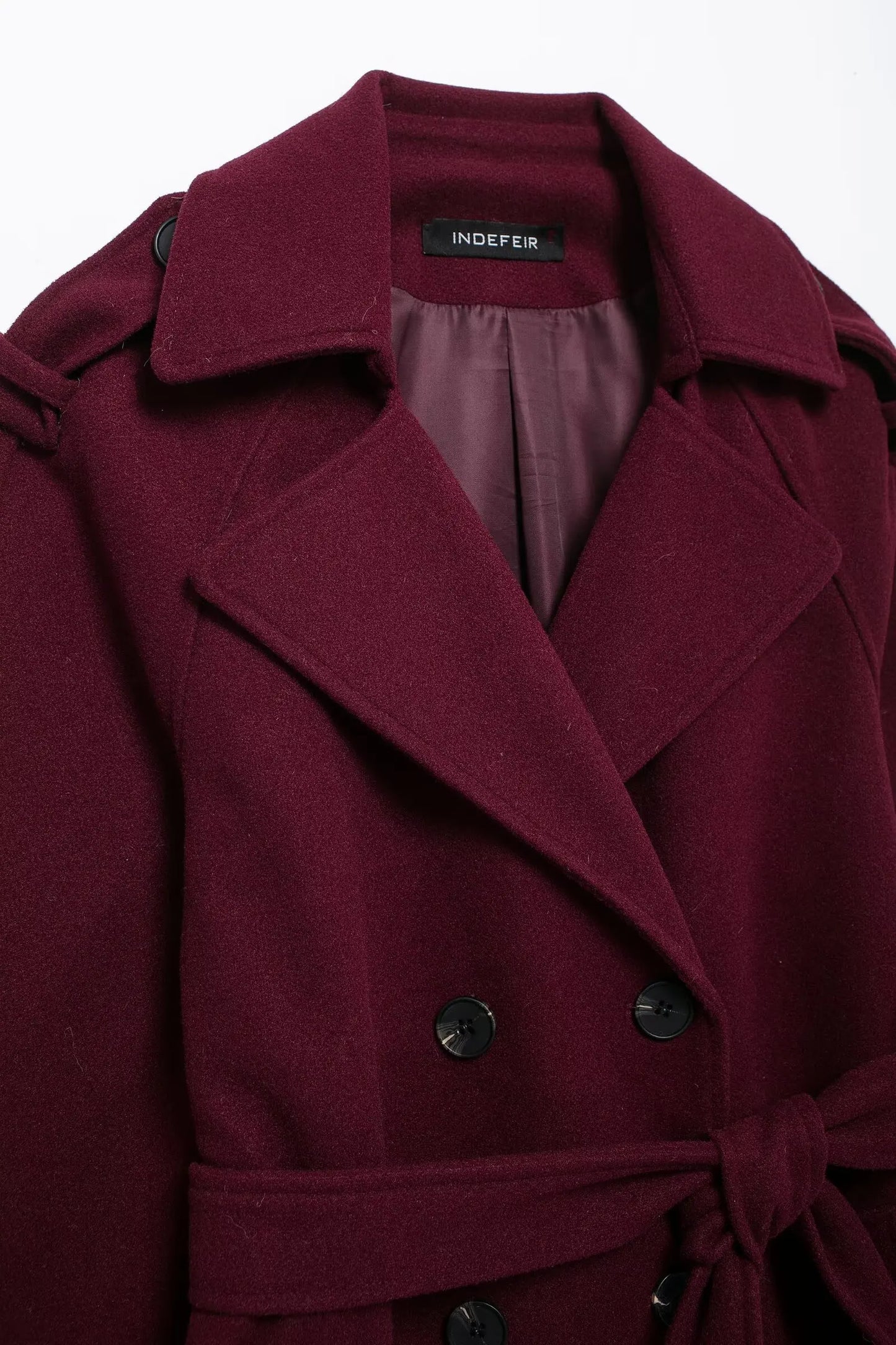 HH Women Elegant Wine Red Coat With Belt Lapel Full Sleeve Double Breasted Lady Overcoat Autumn Winter Female Outwear
