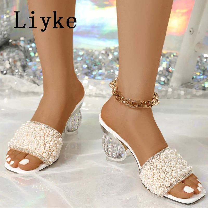 Liyke Size 36-42 Women Summer Party Slippers Fashion White Pearl Designer Sandals Female Shoes Strange High Heels Mules Slides