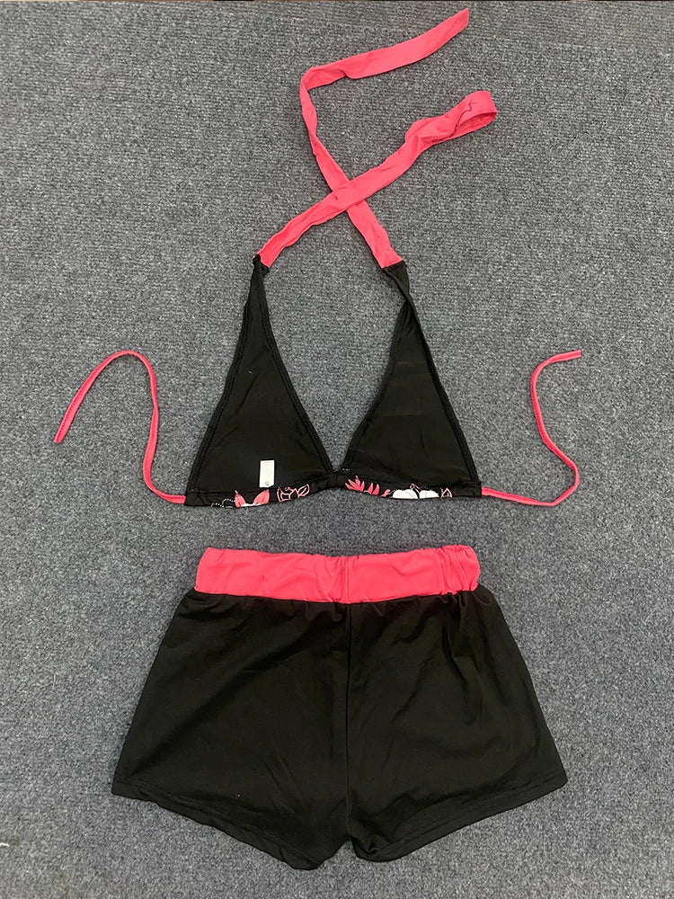 Summer Y2K Aesthetic Vintage Contrast Flower Print Suspender Bra Shorts Set Beach Fashion Hot Sexy Ladies Split Two Piece Bikini