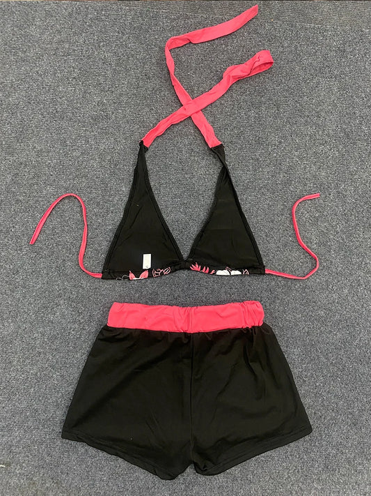 Summer Y2K Aesthetic Vintage Contrast Flower Print Suspender Bra Shorts Set Beach Fashion Hot Sexy Ladies Split Two Piece Bikini