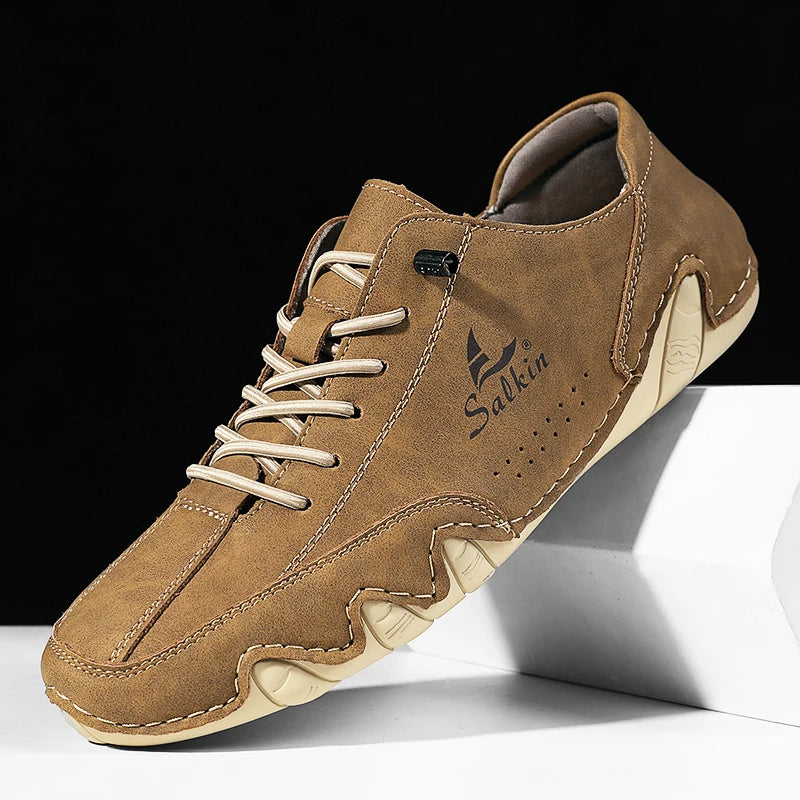 New 2025 Fashion Handmade Leather Casual Men Shoes Design Sneakers Slip On Loafers Breathable Low Top Flats Driving Plus Size