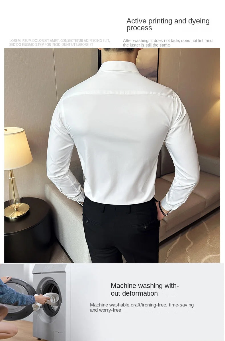 Seamless silk business casual shirt, long sleeved white non ironing elastic silk sliding cross shirt, men's formal wear