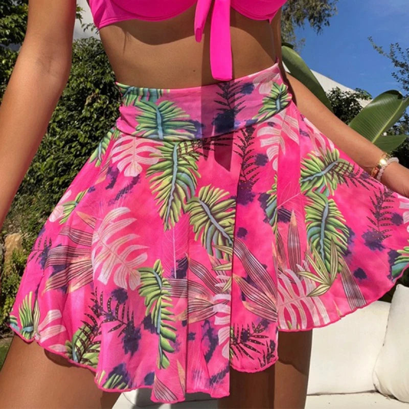 Sexy Halter Bikini Set Swimsuit Women Fashion Bandage Micro Bikini Print Mini Skirt Bathing Suit 2025 New Beachwear Three Piece