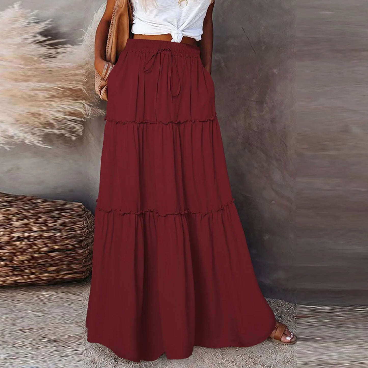 Women long skirt Fashion Solid Color Long Skirts Elastic Waist faldas Loose Casual High Waist saia Versatile Half-Body Dress