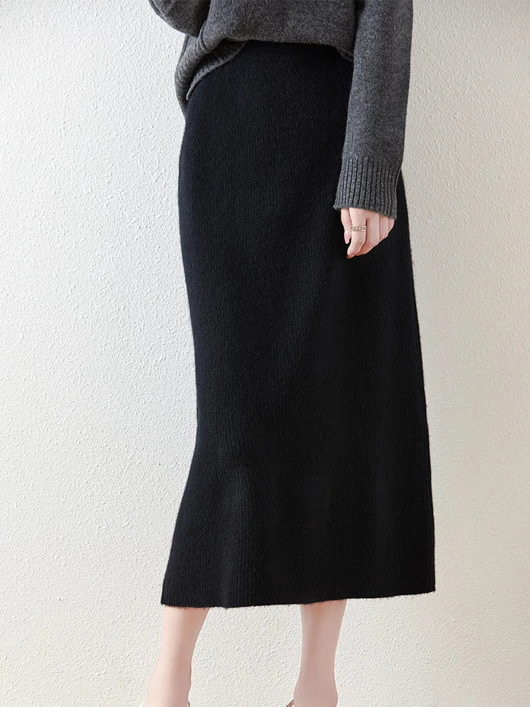 100% Merino Wool Knitted Half Skirt Autumn Winter Women's Elegant A-line Skirt High Waisted Mid Length Slimming Thick Warm Dress