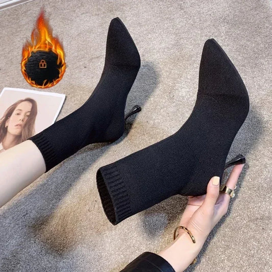 Socks Boots Women Stretch Fabric Elastic Stilettos Heel Sexy Pointed Toe Ankle Boots  Shoes Woman Thin Heels Party  shoes