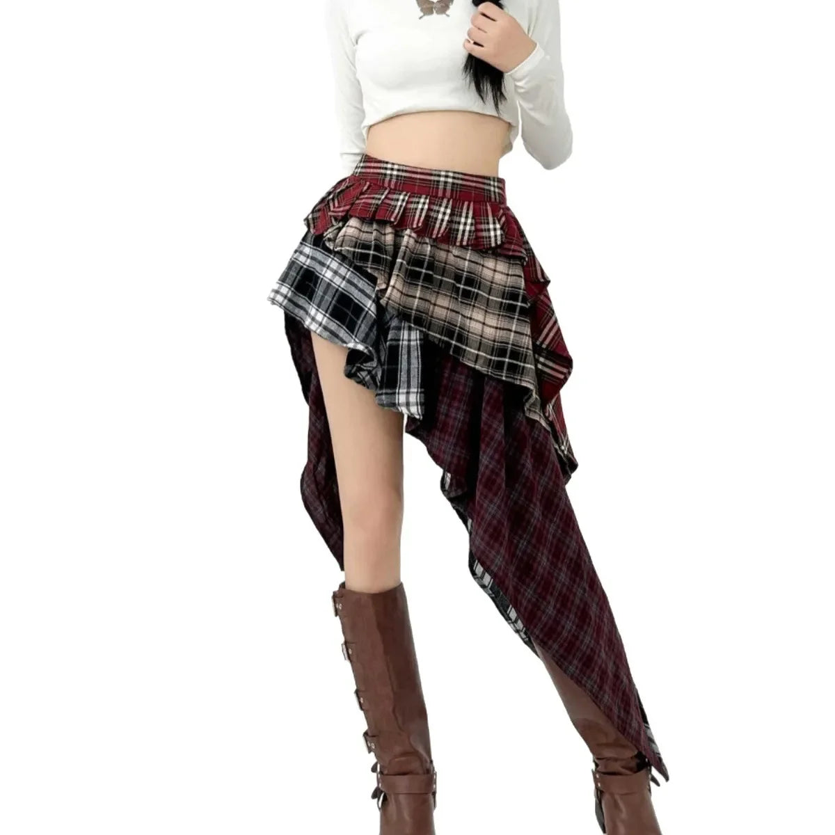 American Plaid Half Skirt Women's Spring Summer New Style Pleated Asymmetrical Color Block Short Skirt A- Line Polyester Fiber