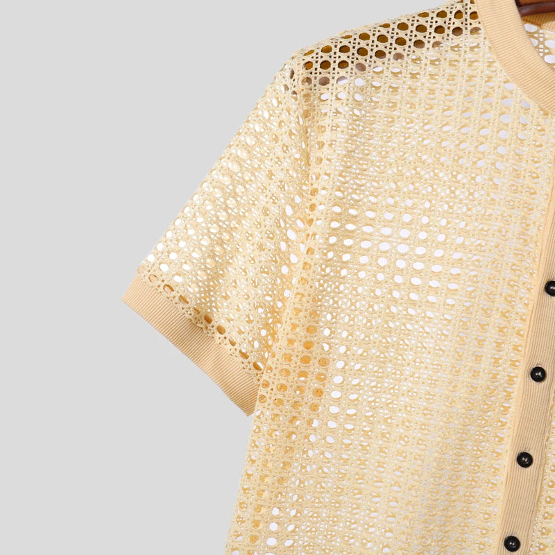 INCERUN Men Shirt Mesh See Through Hollow Out O-neck Short Sleeve Men Clothing Streetwear Summer 2025 Loose Fashion Male Tops