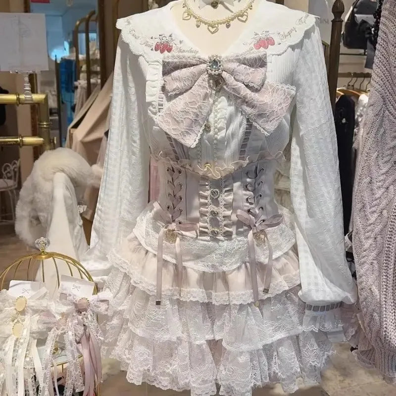 Women Japanese Sweet Lolita Style Mini Skirt Elegant Lace Bandage Party Cake Skirts Female Gothic Y2k Metal Buckle Skirt