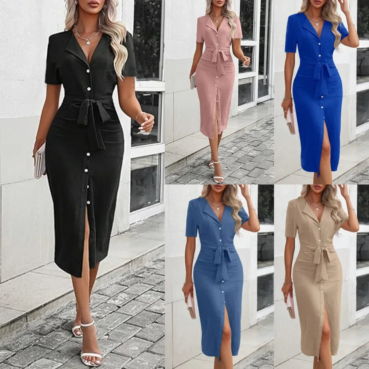 Casual Short Sleeve Women's Shirt Dress Solid Color Lapel Button Cinched Temperament Slit Dress Spring Summer New Commuter Dress