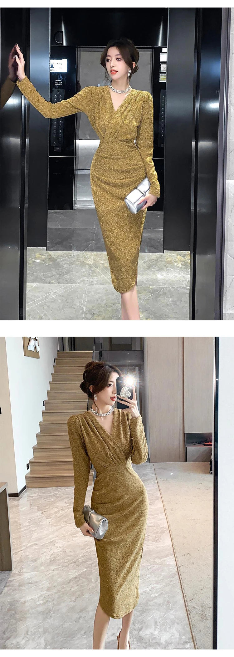Women Clothes Casual Glitter Shiny Gold V-Neck Folds Slim Asymmetrical Dress Elegant Evening Party Birthday Vestidos Spring New