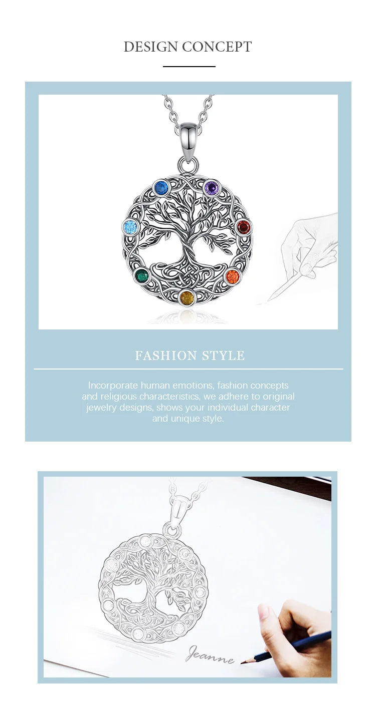 Eudora Original 925 Sterling Silver Tree of Life Necklace for Women Man 7 Color Chakra Pendant Tree Jewelry Mom Grandma Gifts