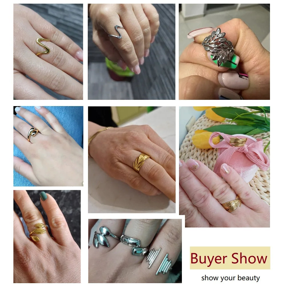 Stainless Steel Twist Chain Adjustable Rings for Women Men Simple Geometric Leave Flower Open Ring Jewelry Female Holiday Gifts