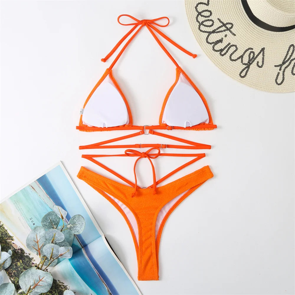 Micro String Extrem Bikini Orange Y2K Triangle Backless Swimsuit Toweling Rings Vacation Swimwear Women Push Up Beach Bath Suits