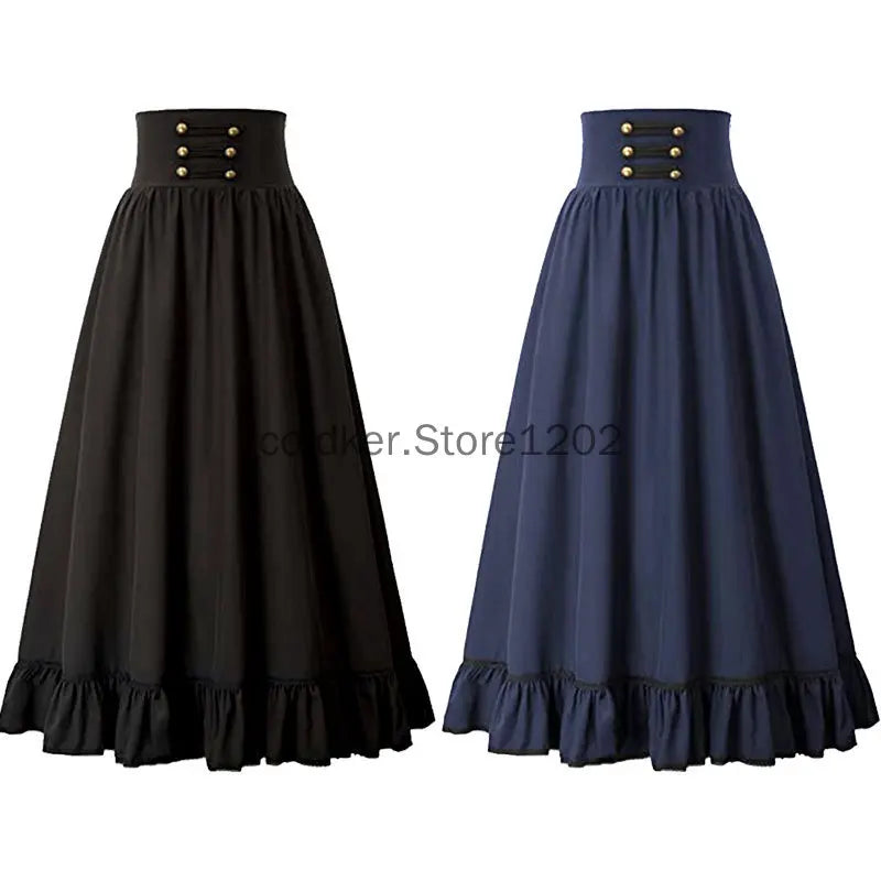 Women Maxi Skirt Medieval Intage Summer High Waist A Line Victorian Long Skirt Steampunk Gothic Ruffled Hem Pleated Party Skirts