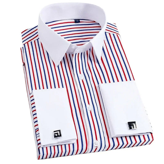 Quality Men Casual Slim Fit Shirt Mens Long Sleeve Business Dress Shirts French Cufflinks Shirt Male Striped Shirt