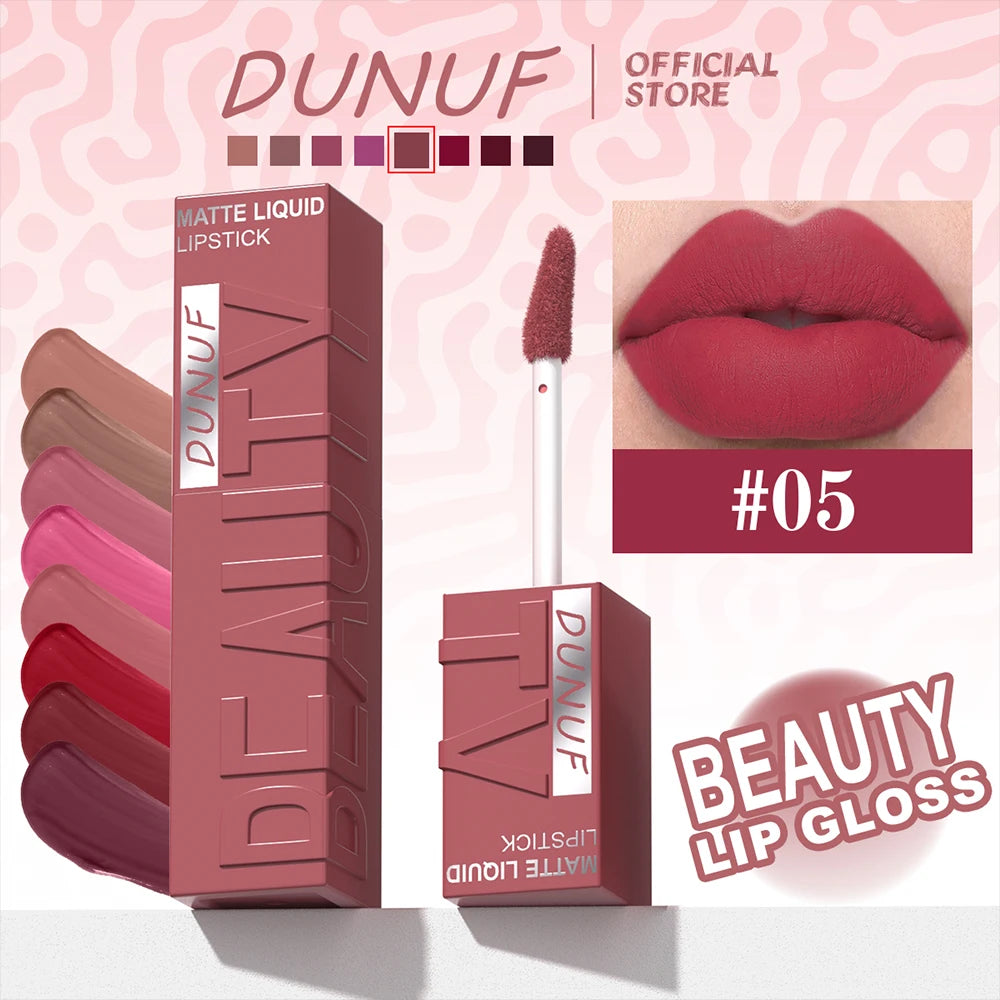 DUNUF  8-color matte velvet smooth easy-to-apply square tube lip gloss waterproof three-dimensional plumping lipstick