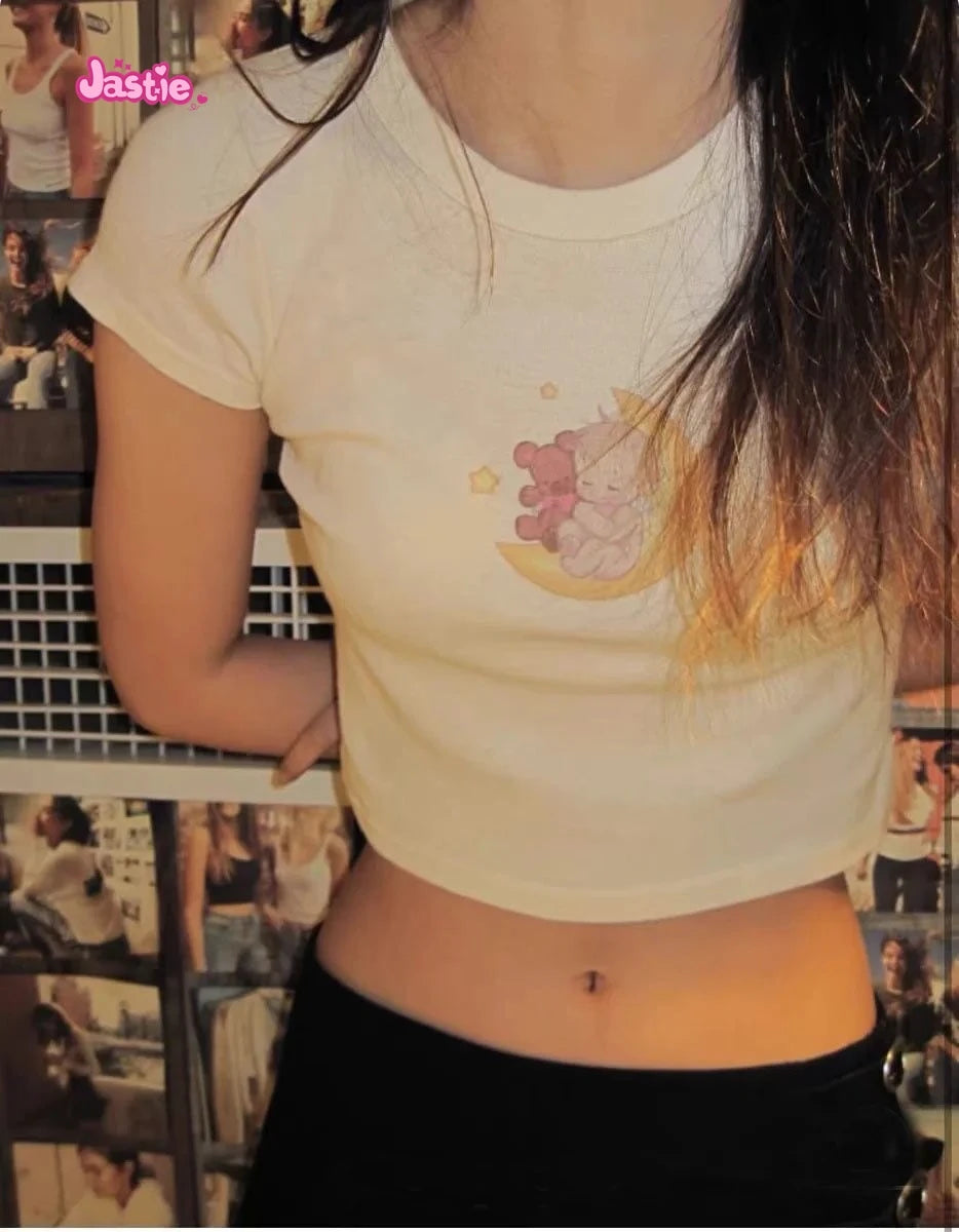 Cartoon Print Beige T-shirts Women 2024 Summer Streetwear Round Neck Short Sleeve T Shirt Female Vintage Chic Y2k Crop Top