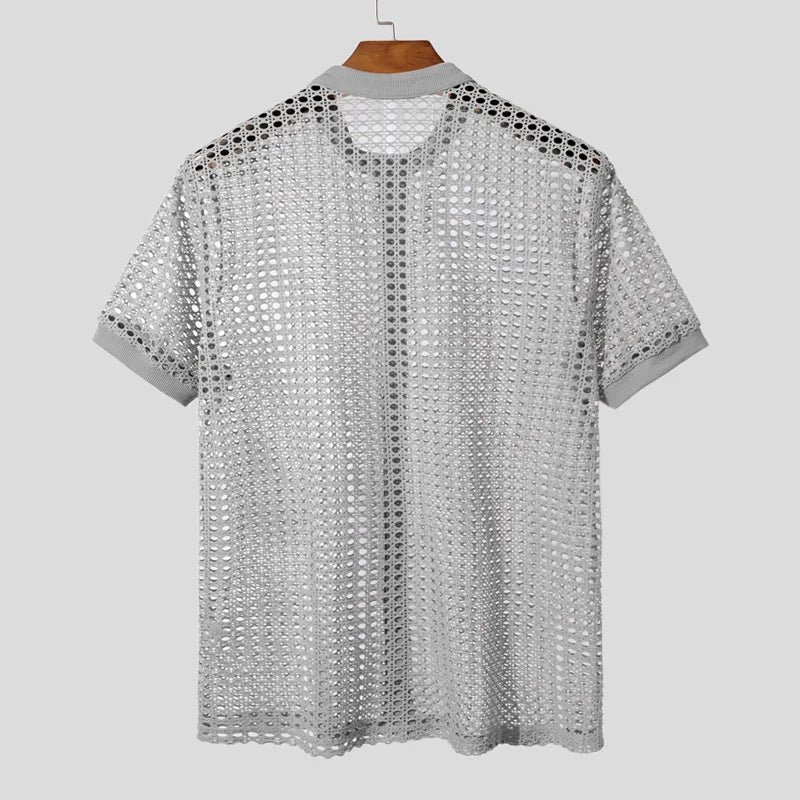 INCERUN Men Shirt Mesh See Through Hollow Out O-neck Short Sleeve Men Clothing Streetwear Summer 2025 Loose Fashion Male Tops
