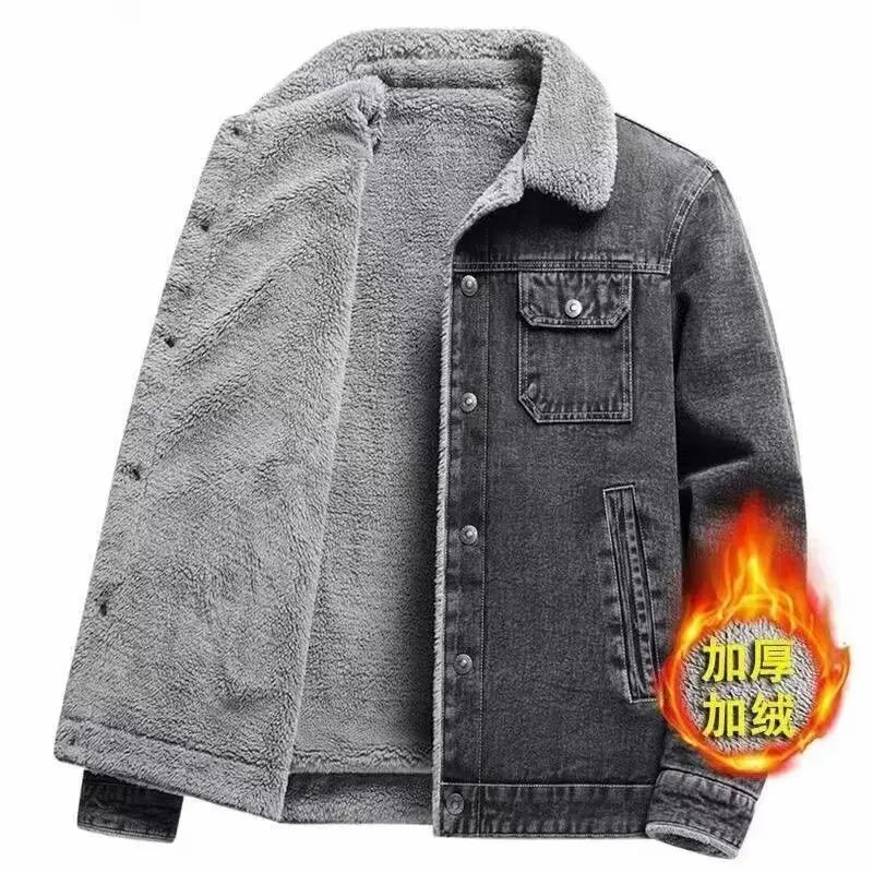 2025 Men's fleece denim jacket, autumn and winter warmth, casual, teen slim jacket