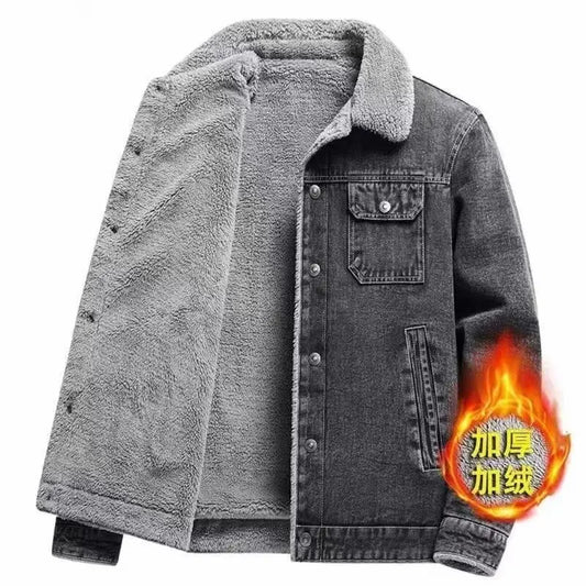 2025 Men's fleece denim jacket, autumn and winter warmth, casual, teen slim jacket