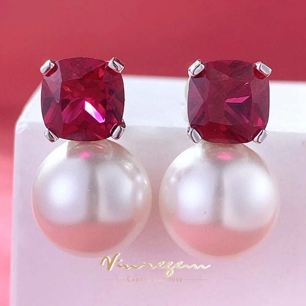 Vinregem 12 MM Pearl Ruby Gemstone Vintage Ear Studs Earrings for Women 925 Sterling Silver Fine Jewelry Wedding Party Wholesale