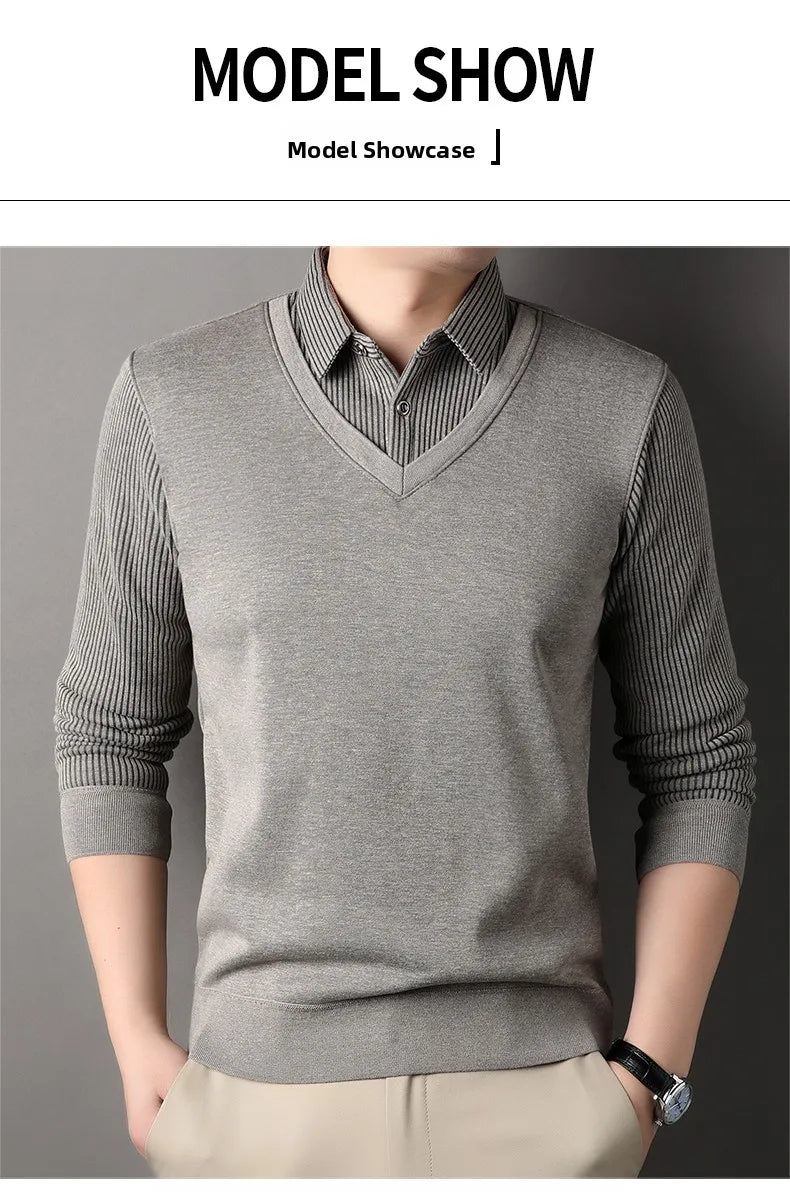 Men's Long Sve Fce Lined Knitted irt Busin Casual Sle Winter Warm Top Fake Two-Piece Design Comfortable Fit