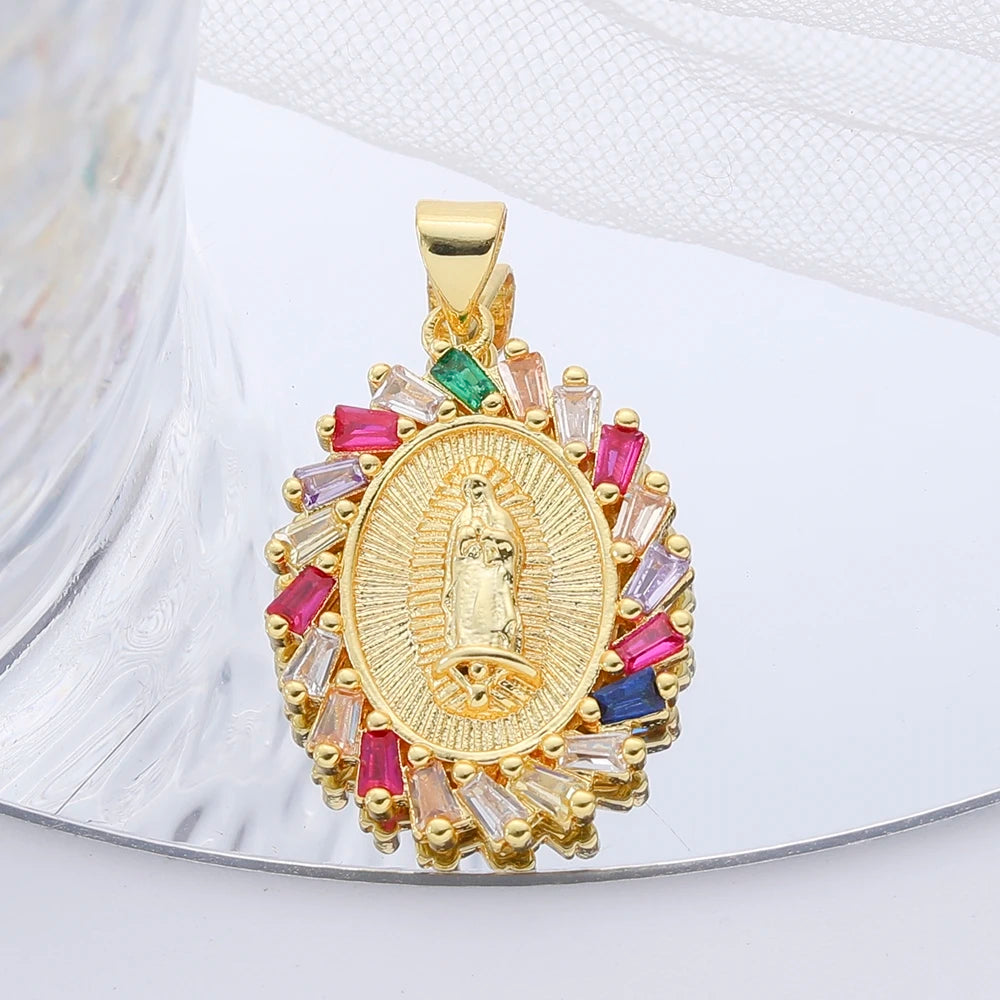 Juya 18K Real Gold Plated Religious Pendant Jewelry Making Supplies Creative Saint Mary Virgin Christian Cross Charms Supplies