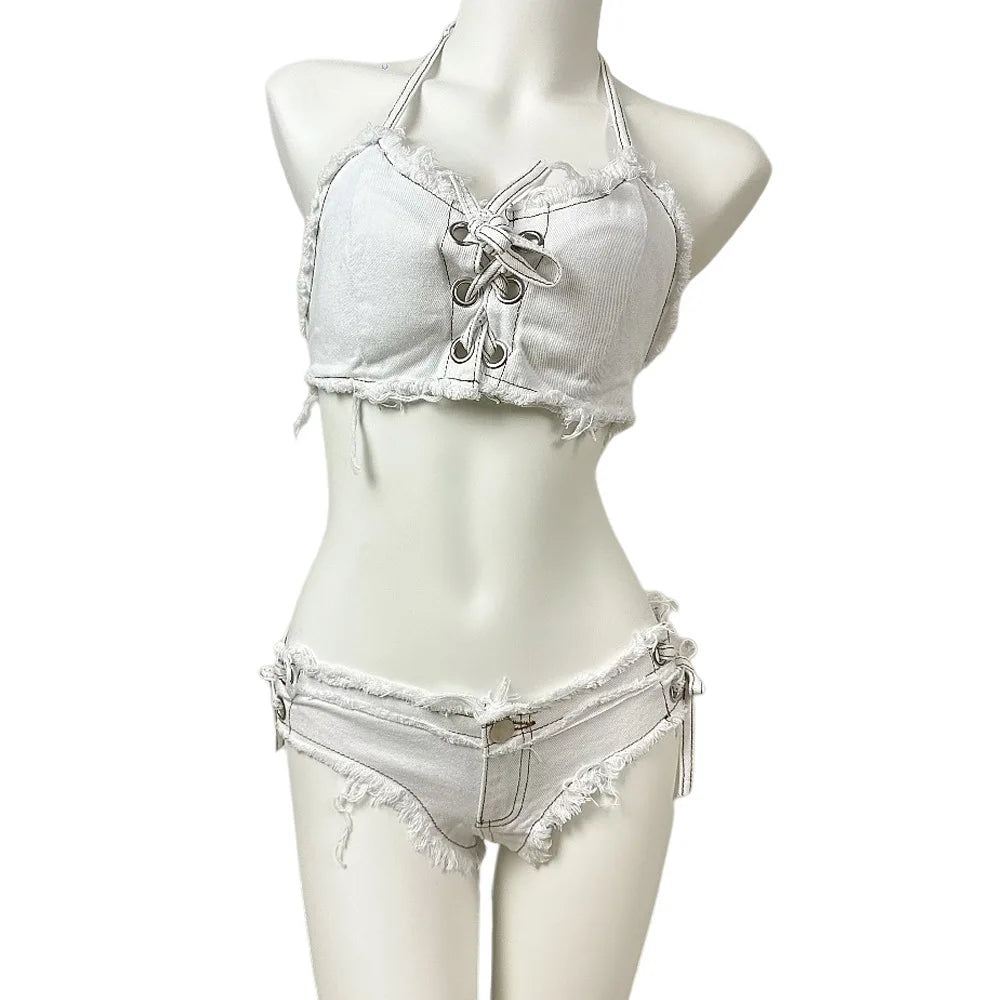 New In Women Beach Sexy Denim Bikini Sets 2025 Nightclub Bar Wear Halter Tops And Mini Hotpants