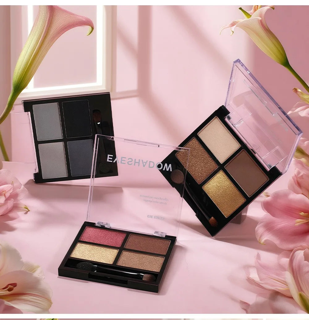 4-Color Smoky Gray Eye Shadow Palette Pearly Matte Earth Color Eyeshadow Pallete Shiny Sequins Eye Pigments Lasting Makeup