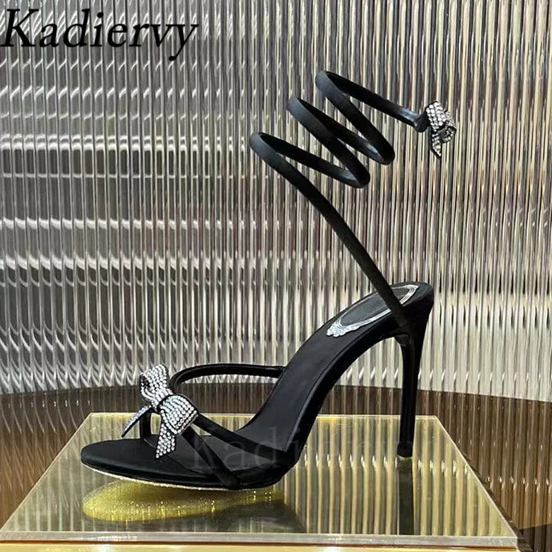 Summer High Heels Sandals Woman Butterfly-knot Rhinestone Snake Twine Around Ankle Strap Wedding Shoes Thin Heels Sandals Women