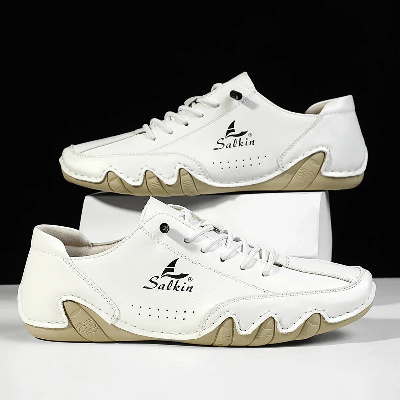 New 2025 Fashion Handmade Leather Casual Men Shoes Design Sneakers Slip On Loafers Breathable Low Top Flats Driving Plus Size