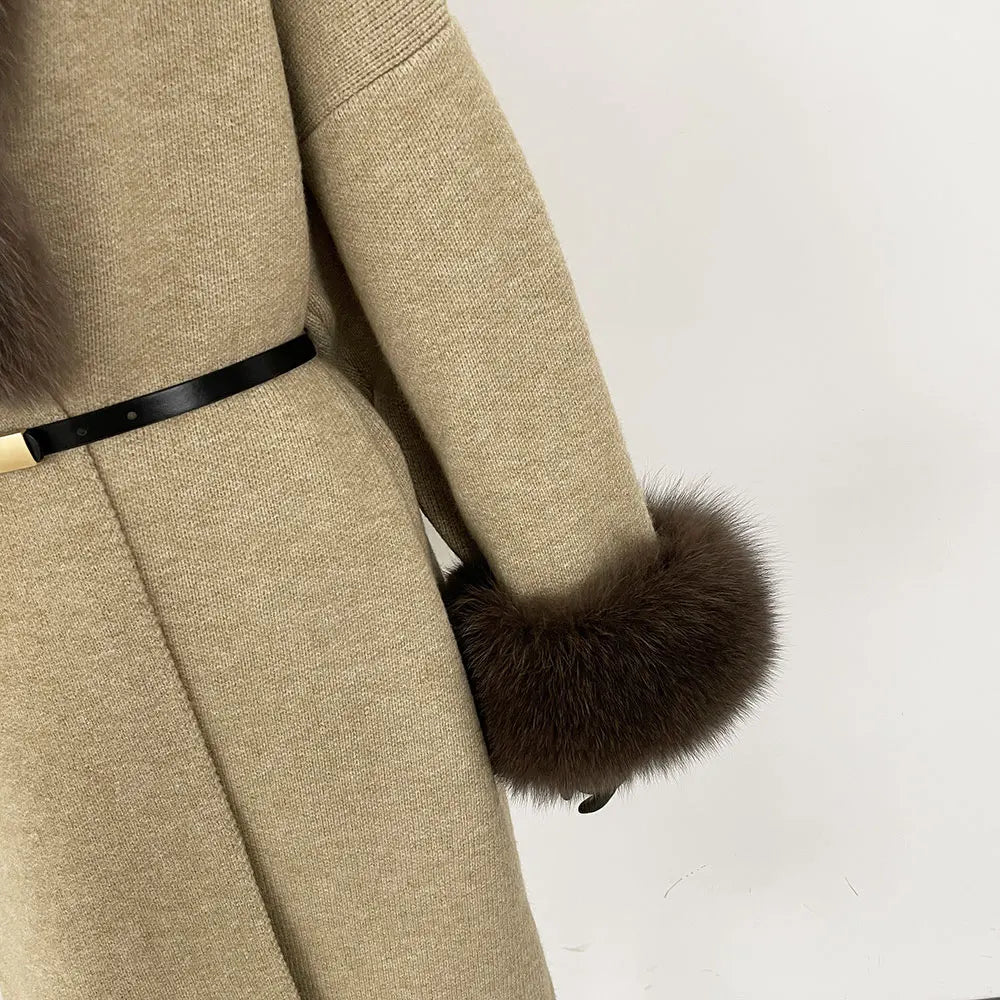 Long Knitwear Coat Women Warm Belt Real Fox Fur Jacket Female 2024 New Autumn Winter Kintted Natural Fur Coat Women