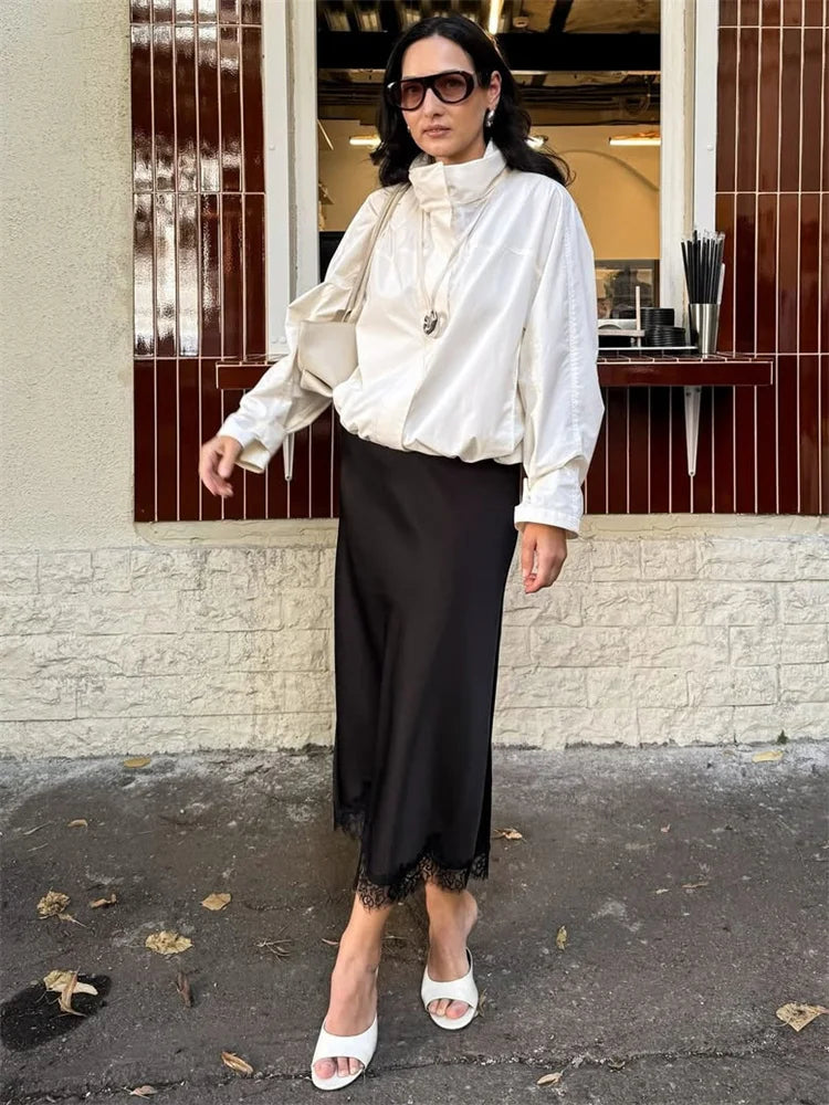 Tossy Fashion Autumn Lace Maxi Skirt For Women High Waist Slim Satin Elegant Commute Party Looks Female Printed Lace Long Skirt