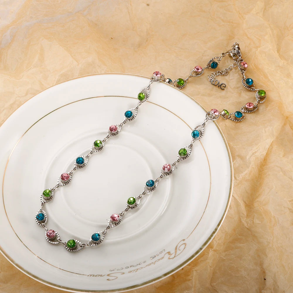 Bejeweled Bracelet Necklace 12 Birthstones Colorful Crystal Jewelry Set Stainless Steel for Women Luxury Fashion T S Bracelets