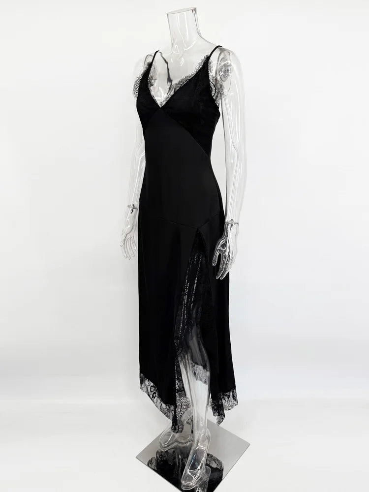 Tossy Black Lace Printed Long Dress For Women V-Neck Backless Slim Patchwork Spaghetti Party Dress Female Summer Bodycon Dress